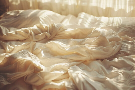 messy bed sheets in morning sunlight