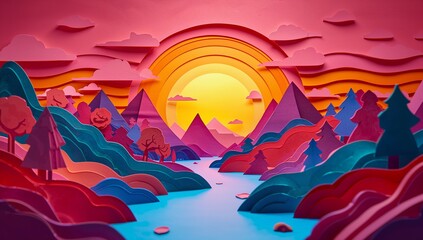 Obraz premium Colorful Papercut Landscape with Mountains and Sunset Background Design