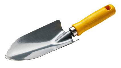Fototapeta premium Isolated new shiny metal garden hand trowel with bright yellow ribbed handle, essential planting tool