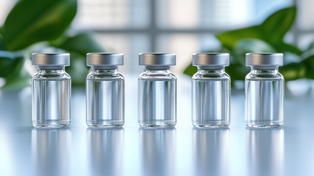 Five glass vials transparent liquid silver cap cosmetic peptide ingredient laboratory clean bright natural light green leaf