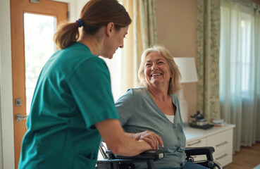 Obraz premium Nurse helps smiling senior woman in wheelchair. Caregiver assists elderly patient with mobility. Happy people interact in room. People receive home care.