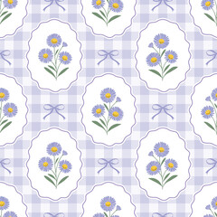 Seamless floral pattern with cute coquette purple swan river daisy flowers in scalloped frames on gingham check background, cottagecore vector for fabric, wallpaper, card, textile. © i_fleurs