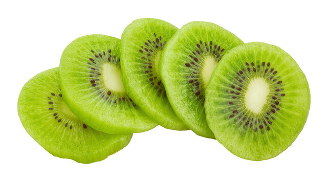 Isolated fresh kiwi fruit slices arranged in a row, showing vibrant green pulp and seeds