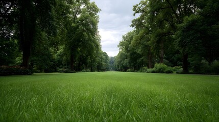 Obraz premium A low angle view of a lush green lawn stretching towards an avenue of tall trees under a cloudy sky in a park setting