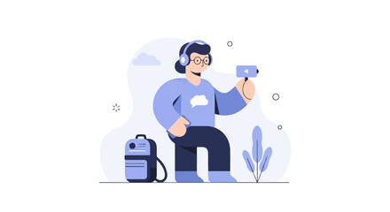 Fototapeta premium Person wearing headphones films with camera, backpack and plant nearby