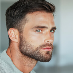 Obraz premium Man handsome mid 30s beard blue eyes closeup portrait masculine confident casual natural light
