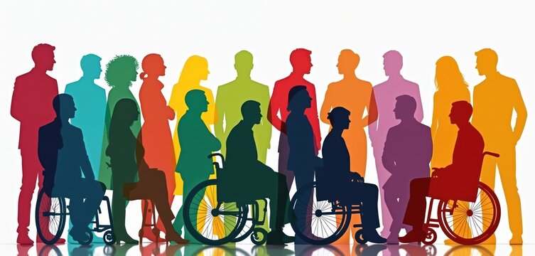 Diverse group of people in silhouette with bright rainbow colors. Figures include individuals in wheelchairs and diverse body types showing unity and inclusion in a team setting.