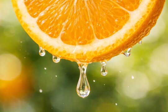 Bright orange segment with glistening water droplets falling from its juicy pulp, capturing refreshing citrus vitality against a soft garden green background for summer appeal