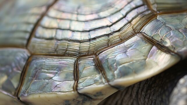 A close-up view of a turtle's shell with iridescent scales and intricate patterns