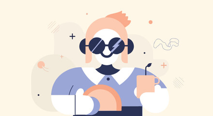Obraz premium A person in sunglasses holds a mug and plate with abstract shapes