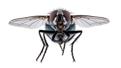 Isolated common fly macro studio shot showing intricate details of insect body and wings © Jn