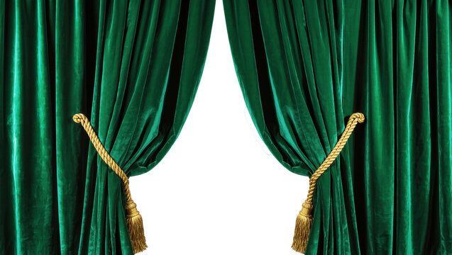 Isolated luxurious green velvet theater curtains tied back with golden decorative ropes and tassels