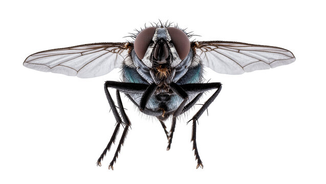 Isolated common fly macro studio shot showing intricate details of insect body and wings