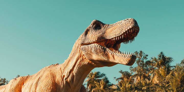 Tyrannosaurus rex profile looking skyward with open mouth tropical palms and turquoise sky dramatic outdoor sculpture scene