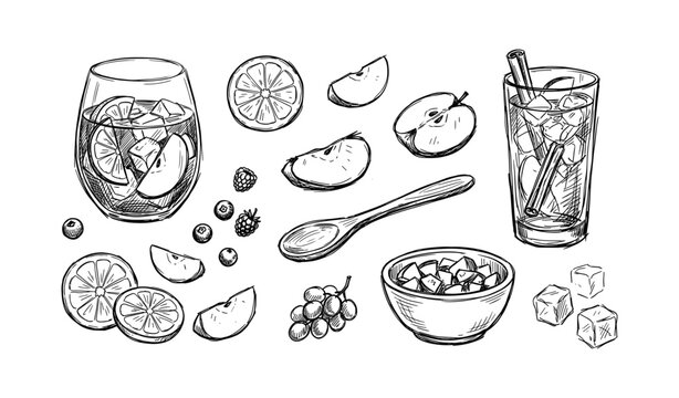 Hand-drawn fruit cocktails with citrus slices and ice cubes