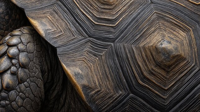 A close-up view of a turtle's shell showing its intricate texture and pattern