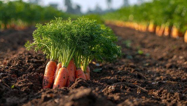 Freshly harvested bright orange carrots with vibrant green tops emerging from rich dark brown soil in a field rows