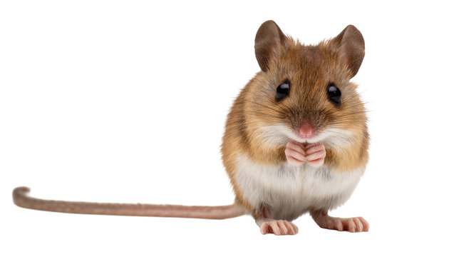 Isolated cute little field mouse with big dark eyes standing on hind legs, adorable furry rodent