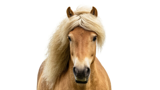 Isolated light brown horse portrait with long flowing blonde mane looking directly at camera