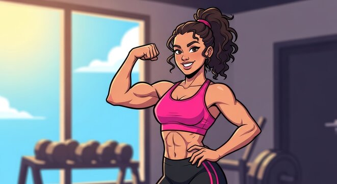 Strong Fit Woman Flexing Bicep in Gym Illustration - Comic Style Fitness Art