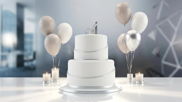 Elegant indoor celebration photo showcasing a three‑tier white cake adorned with silver figurine, balloons, and candles on a sleek surface