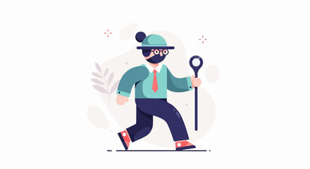 Fototapeta premium Flat character in hat, glasses, and tie walking with cane