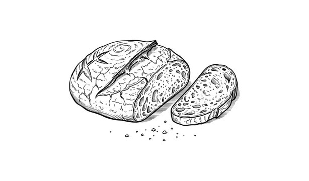 Hand-drawn loaf of artisan bread with sliced piece and crumbs in black and white sketch style