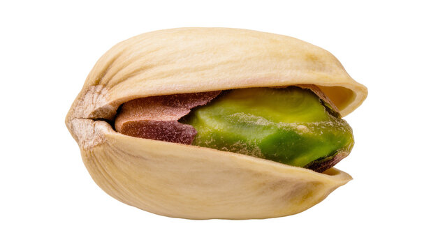 Isolated single fresh pistachio nut with its shell partially open showing the vibrant green kernel.