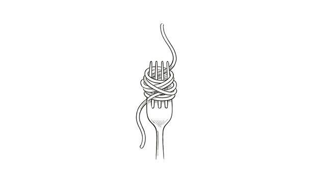 Fork with wrapped pasta sketch on white background