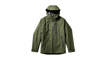 Isolated green technical waterproof hooded shell jacket with zippers for outdoor activities © Jn