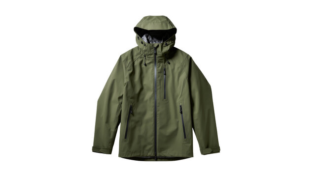 Isolated green technical waterproof hooded shell jacket with zippers for outdoor activities
