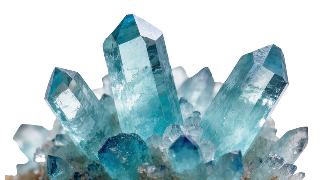 Isolated cluster of vibrant blue-green aquamarine beryl crystals showing sharp facets and transparency