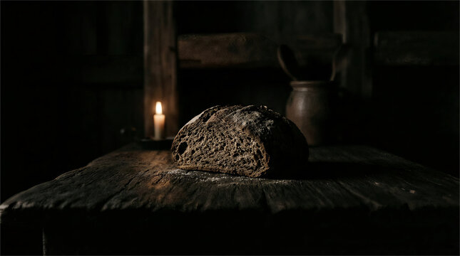 Crust of Bread in Dim Light Minimal Cinematic Noir Scene