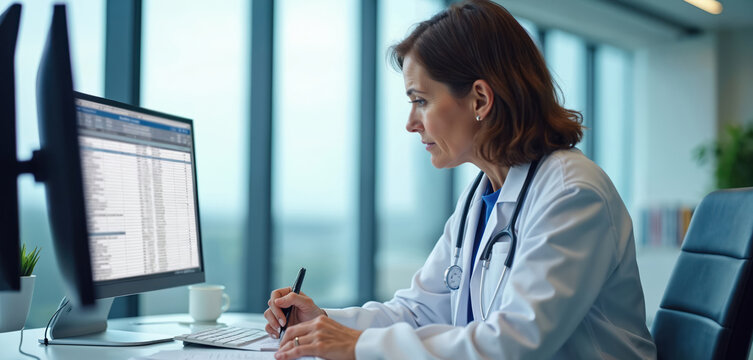 Doctor works on computer screen in modern office. Woman in white coat uses spreadsheet for medical billing data entry. Healthcare professional analyzes patient records and writes notes.
