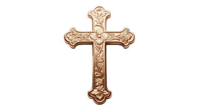 Isolated ornate gold Christian cross with intricate floral carvings and decorative religious design