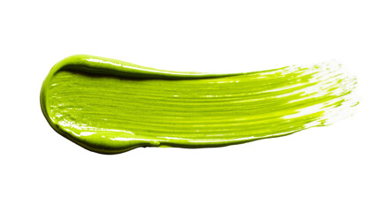 Isolated vibrant chartreuse green paint swatch with smooth glossy texture and brush marks © Jn