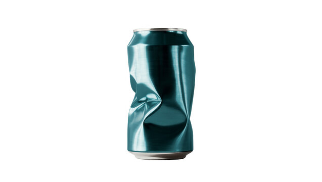 Isolated crumpled teal blue-green aluminum soda drink can, empty and ready for recycling