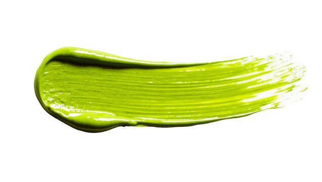 Isolated vibrant chartreuse green paint swatch with smooth glossy texture and brush marks