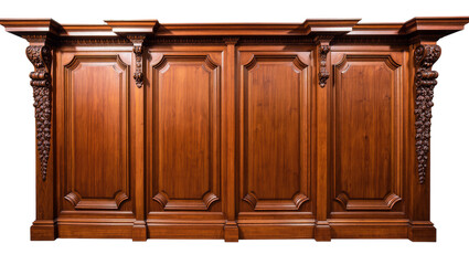 Isolated classic antique mahogany wood paneling with decorative carvings and elegant architectural details. © Jn