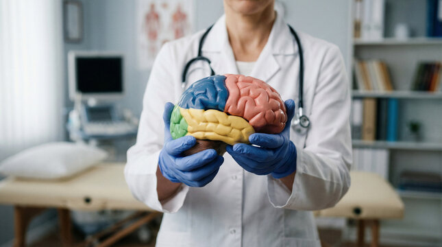 Nahaufnahme eines Arztes in medizinischen Handschuhen, der ein buntes anatomisches 3D-Modell des Gehirns in einer Klinik h&auml;lt