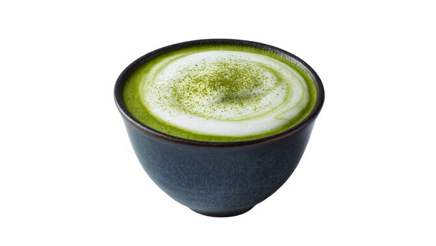 Isolated delicious matcha green tea latte with foamy milk and sprinkled powder in a ceramic cup.