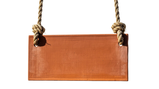 Isolated blank terracotta rectangle sign hanging with rustic ropes and knots for message