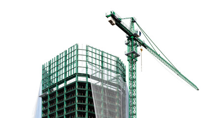 Isolated construction site featuring modern building frame, safety net, and towering green crane © Jn