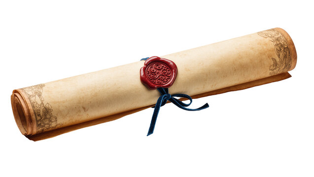 Isolated ancient rolled old manuscript scroll with red wax seal and blue velvet ribbon