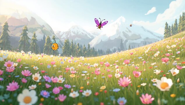 Colorful Spring Landscape with Cartoon Insects and Blooming Flowers
