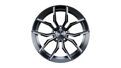 Obraz premium Isolated sleek modern performance alloy car wheel with multi-spoke design and metallic finish.