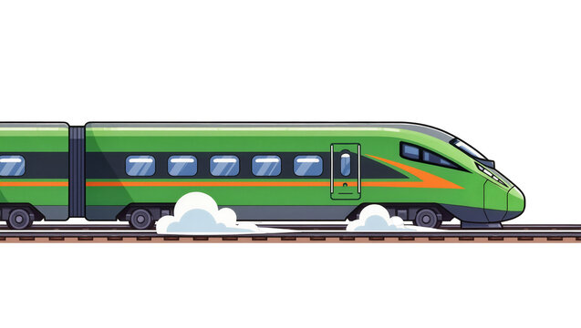 Isolated bright green cartoon high-speed modern train moving quickly on railway tracks