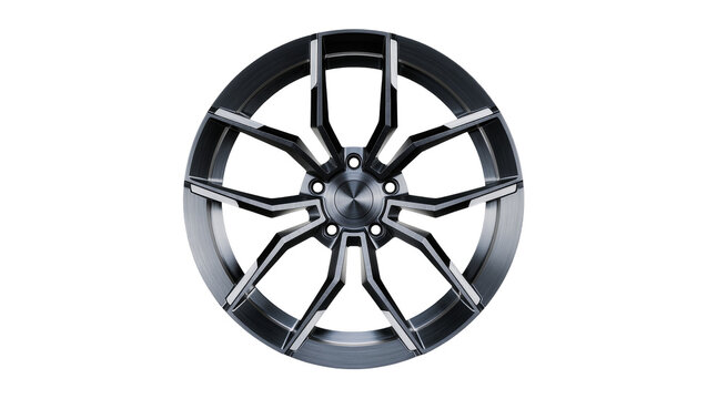 Isolated sleek modern performance alloy car wheel with multi-spoke design and metallic finish.
