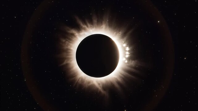 Solar eclipse, glowing corona around dark moon, starry space background, dynamic celestial motion, symbolizing cosmic wonder.