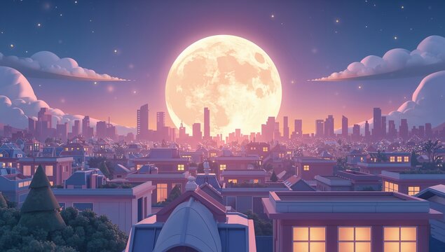 Serene Urban Rooftop Scene with Full Moon and City Skyline View